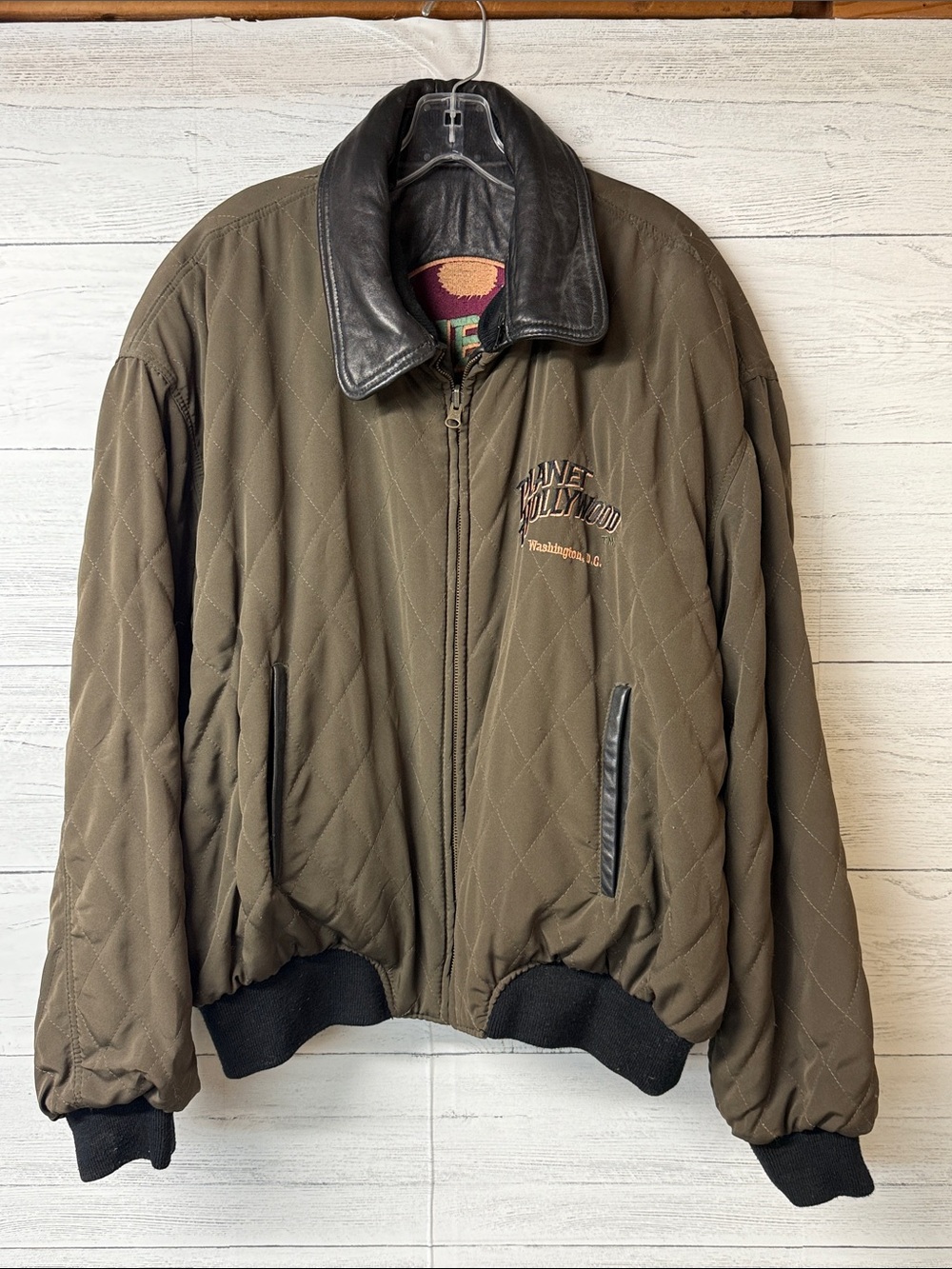 Vintage Planet Hollywood Washington DC Quilted Bomber Reversible Leather Jacket
